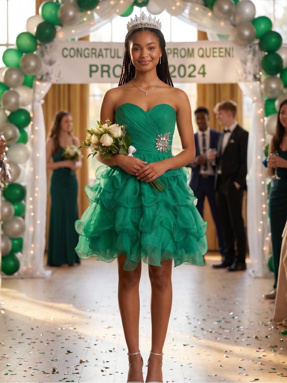 Emerald Green Rhinestones Strapless Ruffle Homecoming Prom Dress Size 10